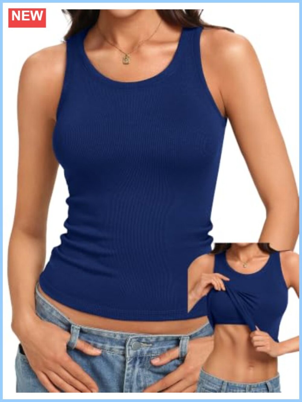 Ribbed Tank Top Built in Bra Crew High Neck Long Fitted Racerback Basic